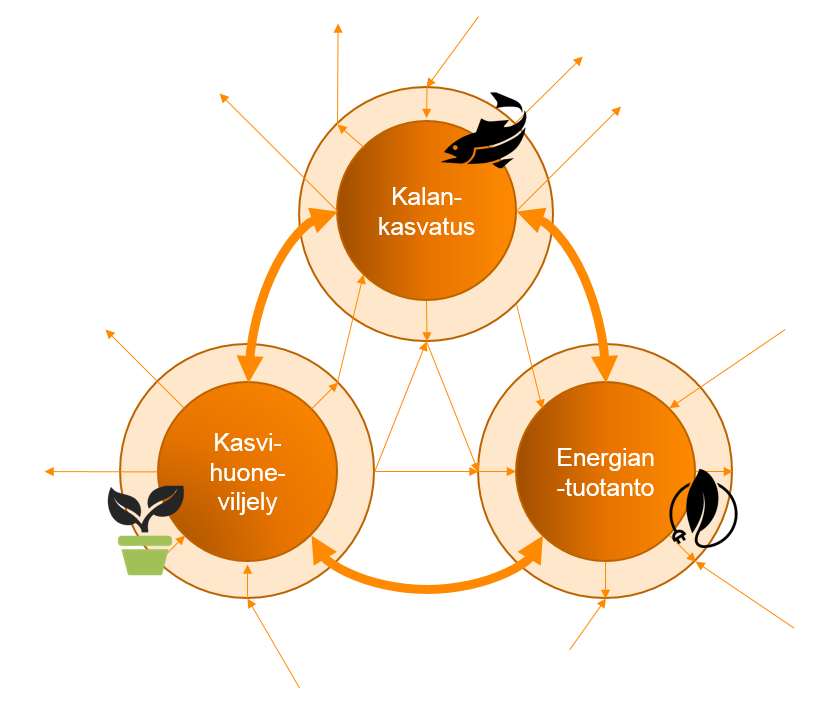 Alusta monille toimijoille ja teknologioille Skaalattava suljetun kierron konsepti Kalankasvatus Kalanjalostus Tutkimuslaitokset Sivutuotteiden hyödyntäjät Energiantuotto