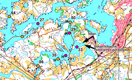 Kuva 14. Lohjanjärven eteläosan vedenlaatuhavaintopaikat. Ne, joiden lähellä on hapetin, on merkitty H:lla ( MML). Taulukko 4. Lohjanjärven nykyisten hapettimien tekniset ominaisuudet (Kauppinen 216).