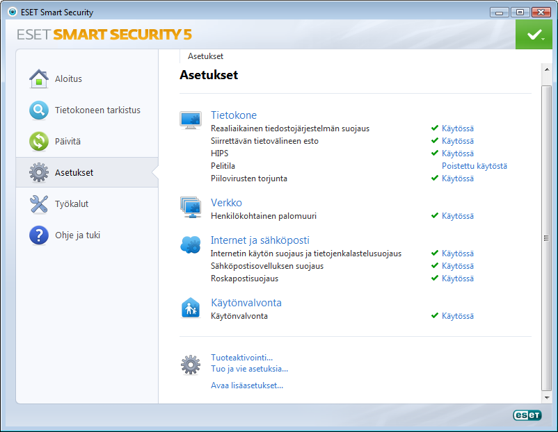 4. Ohjelman ESET Smart Security käyttäminen ESET Smart Security -ohjelman asetusten avulla voit säätää tietokoneen ja verkon suojaustasoja.