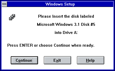 Asennusohjelma pyytää sinua vaihtamaan asennuslevykettä, joten valitse virtuaalikoneen valikosta Floppy - Capture Disk Image. Valitse DISK4.IMG ja paina Open. Paina Continue.