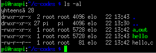 Annetaan kääntäjälle lisäohjeita, kirjoita komento: sudo gcc o hello hello.c -o <tiedosto> Ohjaa tuloste <tiedostoon> eli gcc o hello hello.c, käännöstulos saa nimen hello eli gcc o apu hello.