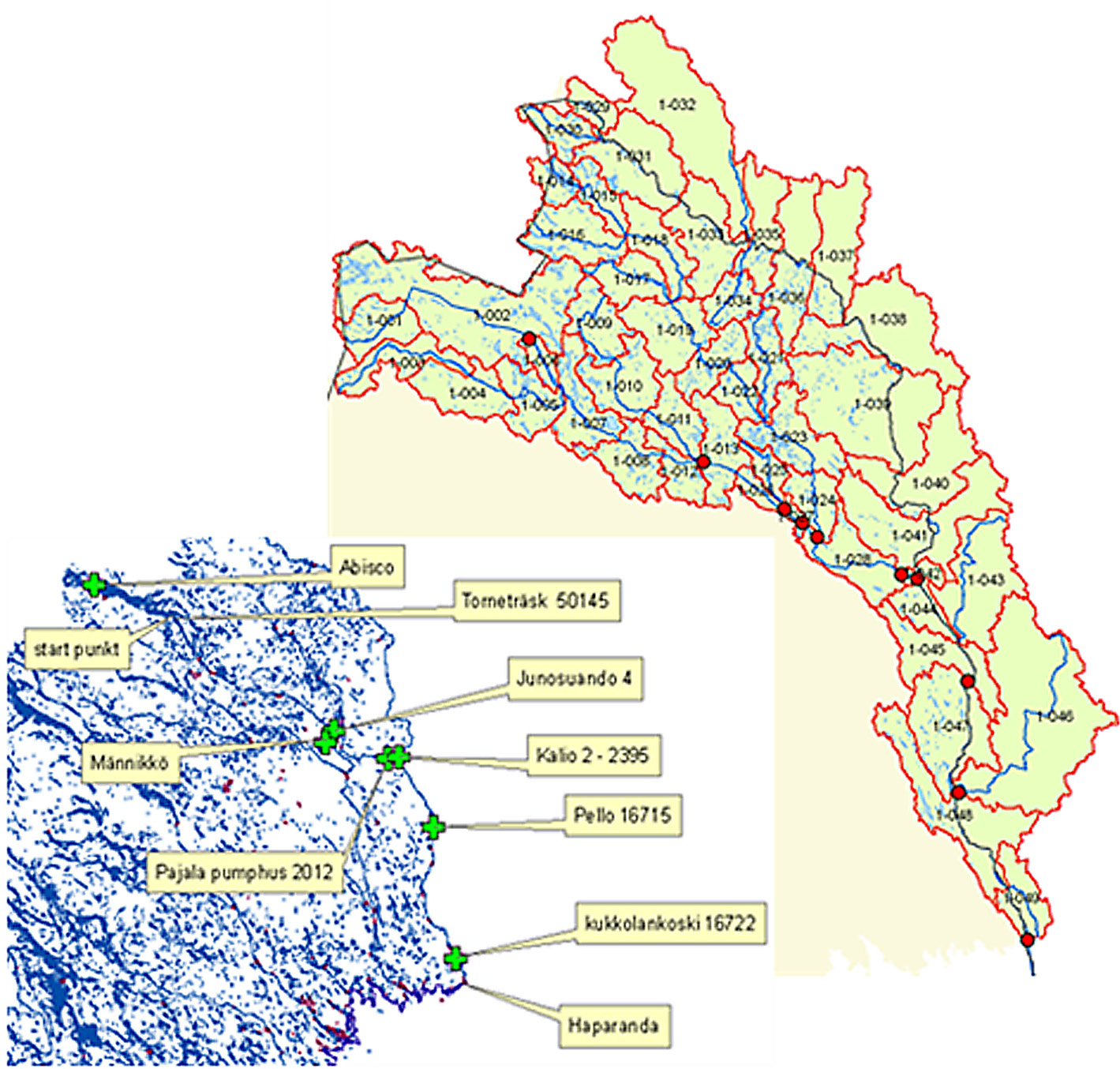 Kuva 11. Vesistöalue, aluerajaus ja arviointipisteet (oikealla) sekä hydrologiset mittausasemat Tornionjoen varrella.