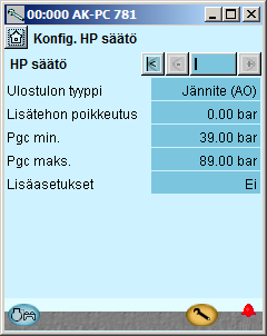 Konfigurointi - jatkoa Aseta Korkeapainesäätö 1. Mene konfigurointivalikkoon 2. Valitse HP control (korkeapaineen säätö) 3. Aseta säätöarvot Asetukset näkyvät tässä näytöllä.