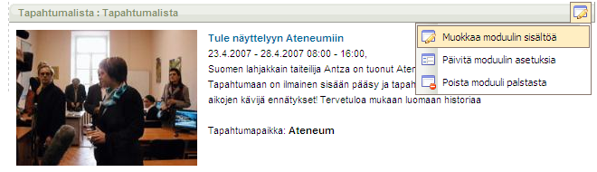 InfoWeb 3.3 103(122) Tapahtumalista Tapahtumalistamoduulin avulla voidaan listata sivulla tapahtumavarastossa luodut tapahtumat.