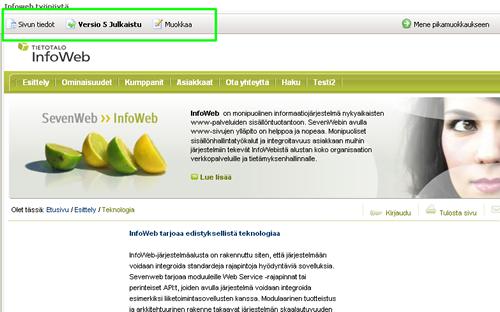 muokkausnäkymään. Näkymään esittää hyväksyttävänä olevan sivusisällön.