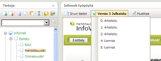 InfoWeb 3.3 16(122) Uuden sivun luominen Uuden sivun luominen tapahtuu seuraavasti: Ennen uuden sivun luomista valitaan sivu, jonka alle uusi sivu halutaan luoda.