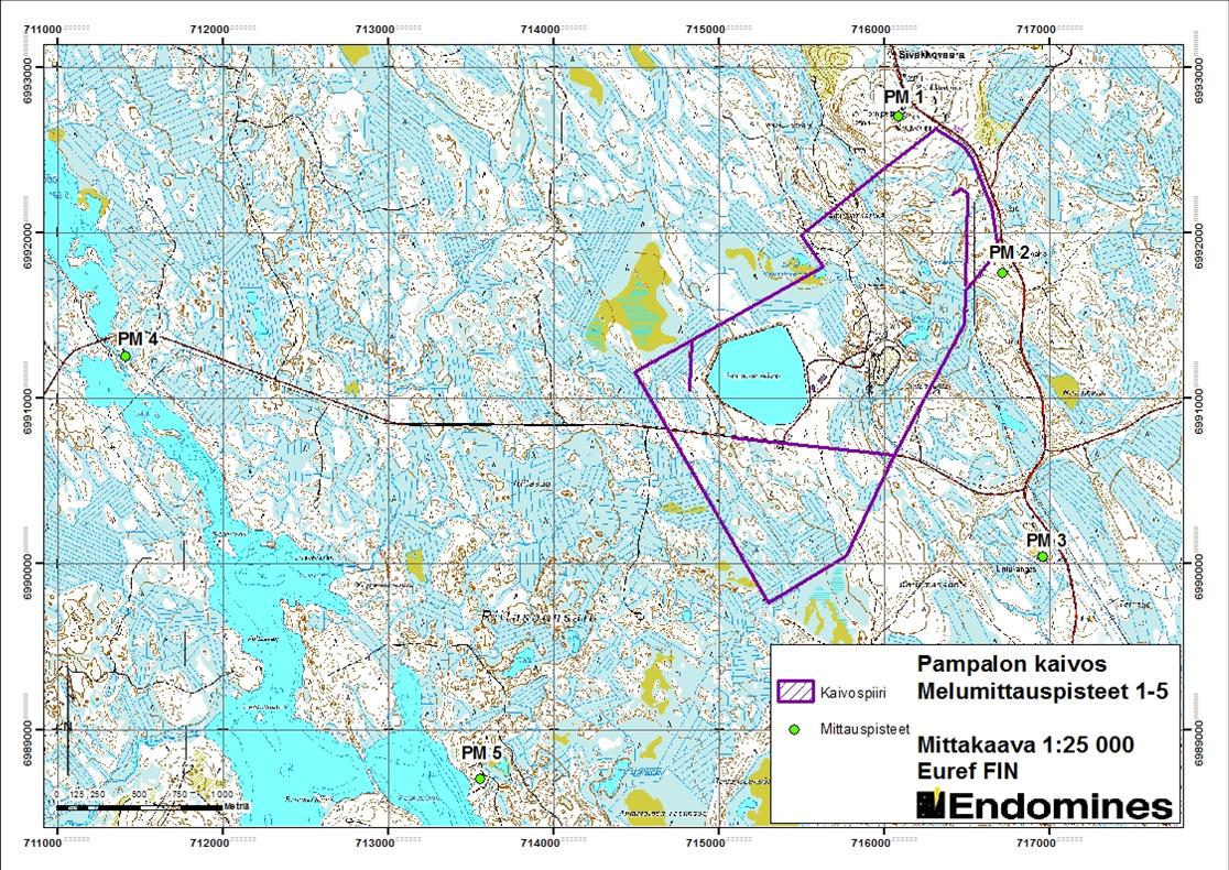 Raportti_1295_B /2013/OP 3(15) 1. Johdanto Työssä selvitettiin melutasoja viidessä kohteessa Endomines Oy:n Pampalon kaivoksen ympäristössä.