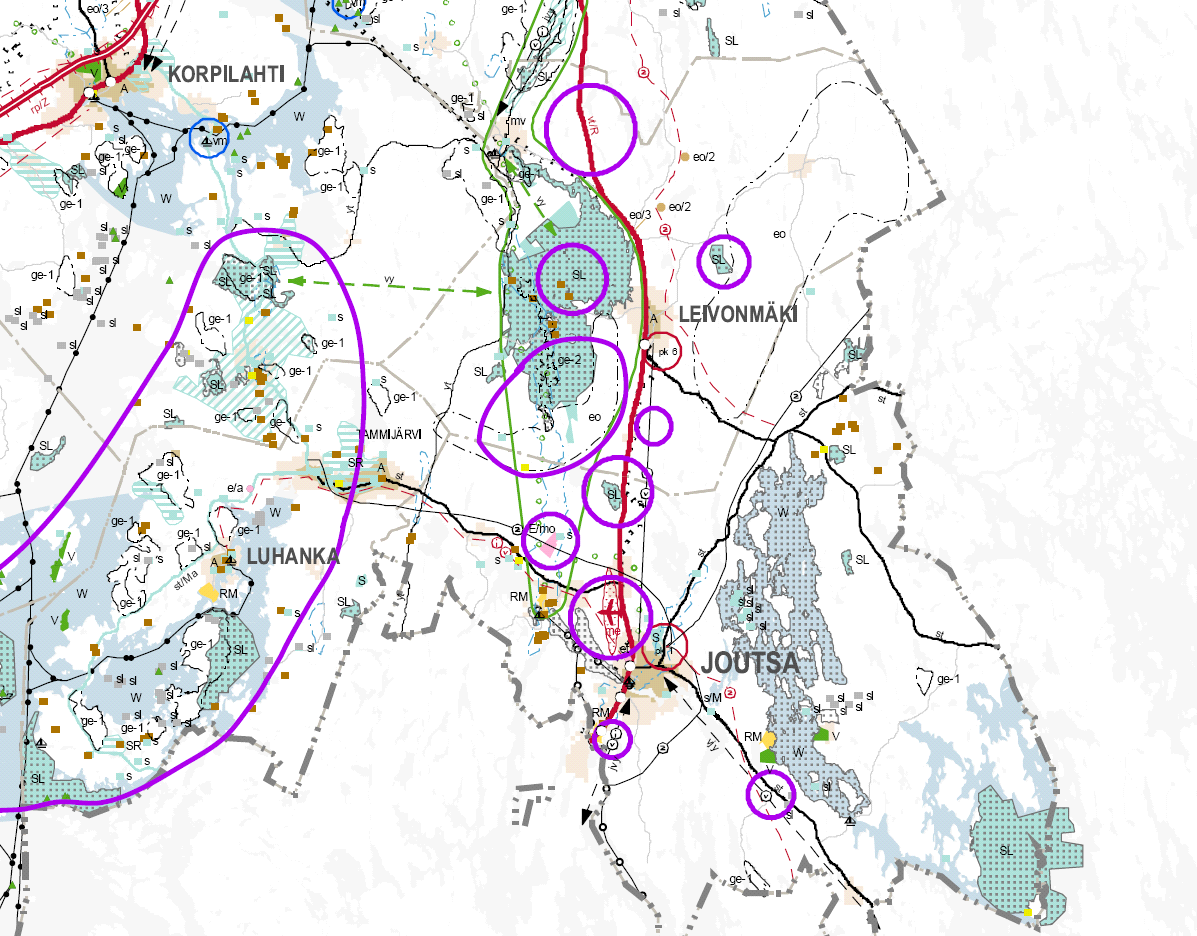 +kilpailukyky, liikenneturvallisuus -turvetuotantovyöhyke/natura, suojelu +luonnon monimuotoisuus, vetovoima -turvetuotantovyöhyke/natura, suojelu, matkailu ja virkistys +elinolosuhteet
