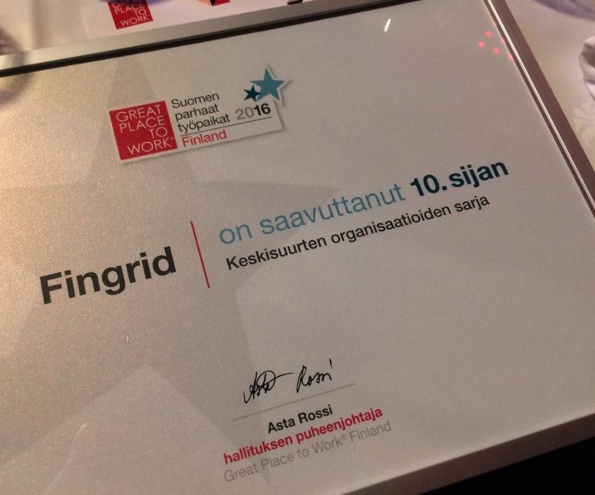 Fingrid on Suomen 10. paras työpaikka Fingrid on jälleen yksi Suomen parhaista työpaikoista, sijoitus nousi keskisuurten yritysten sarjassa sijalta 25 sijalle 10.
