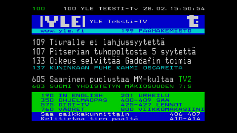 Luku 4 >> Käyttöönotto ja perustoiminnot Tekstitelevisio Tekstitelevision käyttäminen: 1 Paina Tekstitelevisio ( ) -näppäintä avataksesi tekstitelevision.