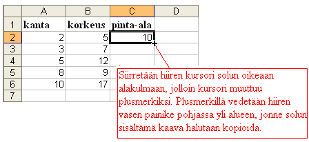 113 Taulukkolaskentaa Esimerkki 2 Taulukkoon on laskettu suorakulmion pinta-aloja käyttämällä eri mittoja kannalle ja korkeudelle.