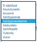 Profiilien kentät, Koodiston hallinta Koodiston käyttömääritykset: Tyyppinä vaihtoehto Lista (valikko, esim.