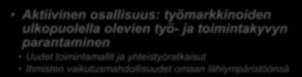 ESR: Kestävää kasvua ja työtä 2014 2020 toimintalinjat 3-5 / 6 erityistavoitetta Työllisyys ja työvoiman liikkuvuus Nuorten ja muiden heikossa työmarkkinaasemassa olevien