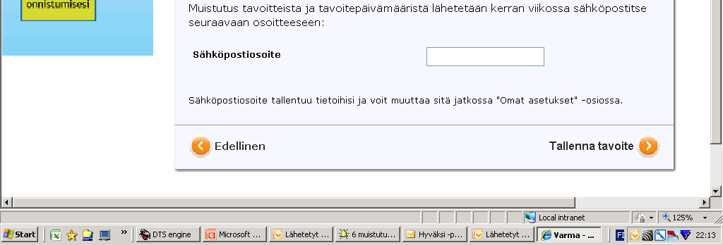 sähköpostiin muistutus tavoitteesta.