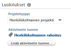 Napautuksen jälkeen avautuu uusi ikkuna: Jos luot ennen vuotta 2015 päättynyttä, kirjanpidossa ollutta projektia, valitse oikeasta reunasta projektin mukaisesti jokin neljästä ensimmäisestä,