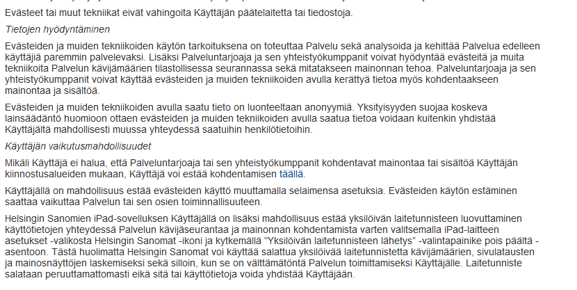 Evästelauseke + opt-out -sivu