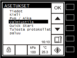 Asetukset Päivämäärä/kellonaika Avaa Asetukset-valikko. Siirry kohtaan "Pvm/Aika" toimintovalitsimilla tai. Vahvista valintasi OK-painikkeella. Valmiustila Avaa Asetukset-valikko.