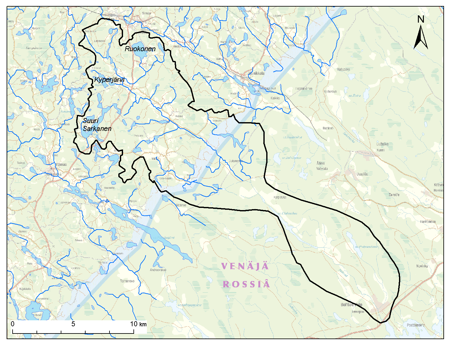 SYKE; Affecto Finland Oy, Karttakeskus, Lupa L4659 2 VESISTÖN KUVAUS 2.1 Hydrologia Tervajoen vesistöalueen pinta-ala on yhteensä 203,89 km², josta Suomen puolella sijaitsee 107,80 km².