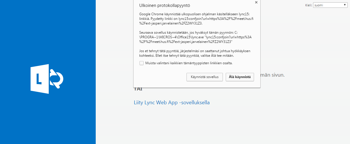 Etäkokoukseen liitytään käyttäen joko Lync- tai Skype-pikaviestisovellusta. Jos koneelle on asennettuna Lync tai Skype valmiiksi, voi kokoukseen liittyä helposti ohjelman kautta.