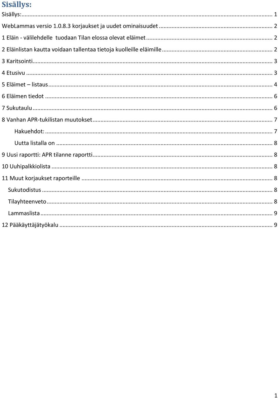 .. 4 6 Eläimen tiedot... 6 7 Sukutaulu... 6 8 Vanhan APR-tukilistan muutokset... 7 Hakuehdot:... 7 Uutta listalla on.