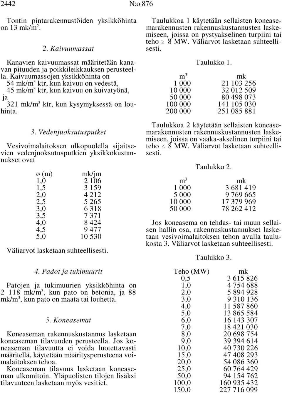 Kaivuumassojen yksikköhinta on m mk 54 mk/m ktr, kun kaivuu on vedestä, 1 000 1 10 56 45 mk/m ktr, kun kaivuu on kuivatyönä, 10 000 01 509 ja 50 000 80 498 07 1 mk/m ktr, kun kysymyksessä on lou- 100