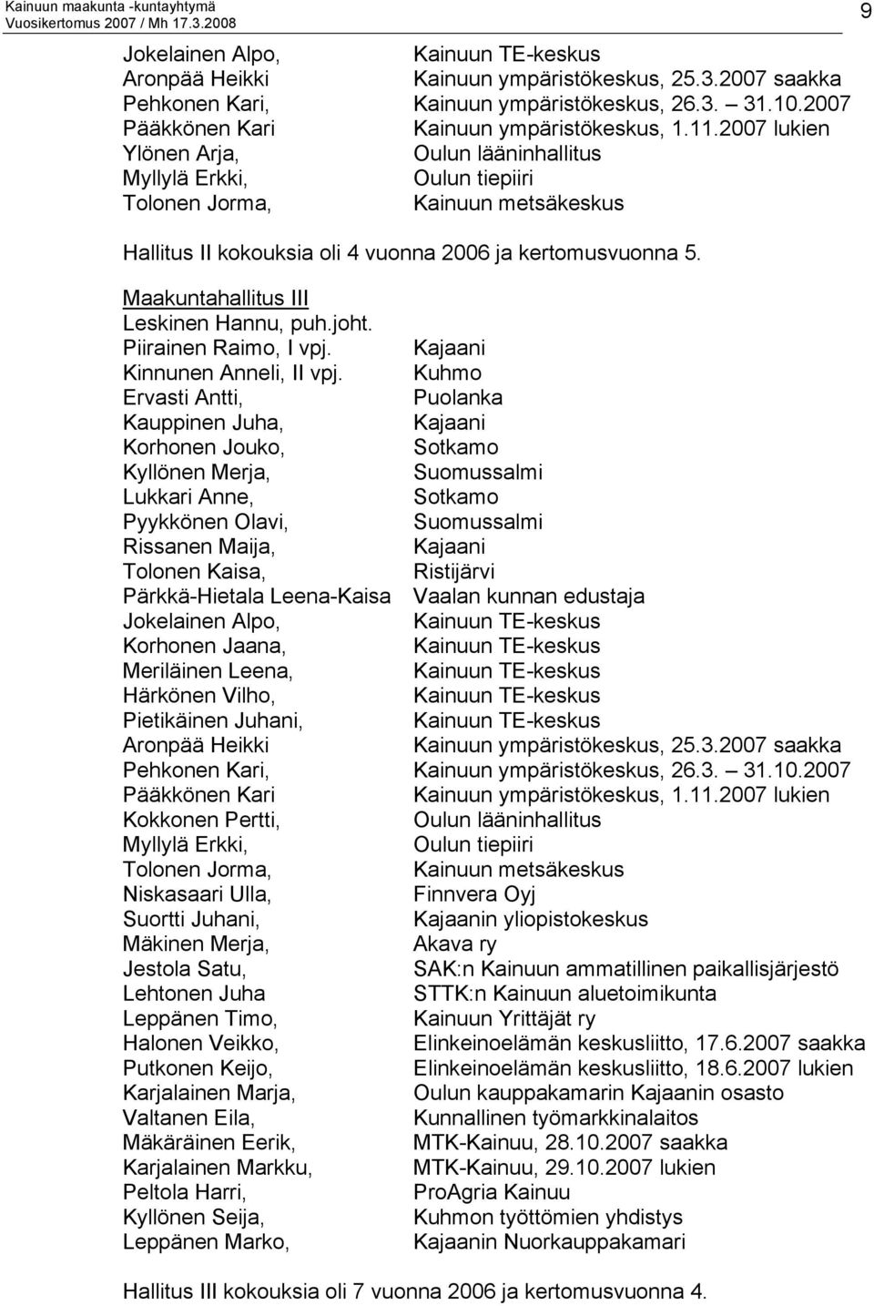 Maakuntahallitus III Leskinen Hannu, puh.joht. Piirainen Raimo, I vpj. Kajaani Kinnunen Anneli, II vpj.