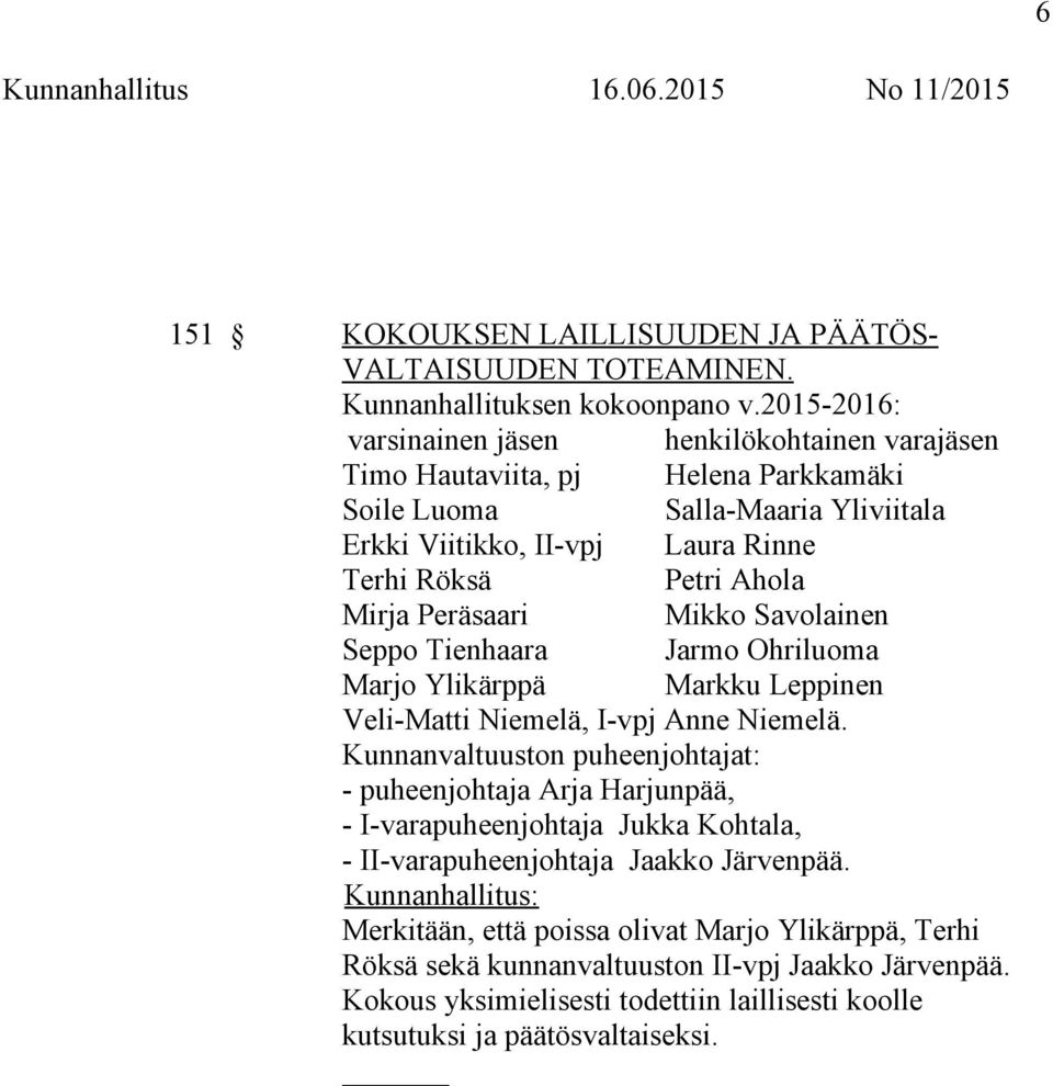 Mirja Peräsaari Mikko Savolainen Seppo Tienhaara Jarmo Ohriluoma Marjo Ylikärppä Markku Leppinen Veli-Matti Niemelä, I-vpj Anne Niemelä.