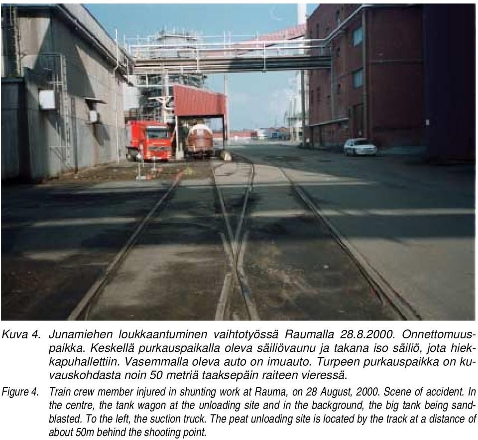 Train crew member injured in shunting work at Rauma, on 28 August, 2000. Scene of accident.