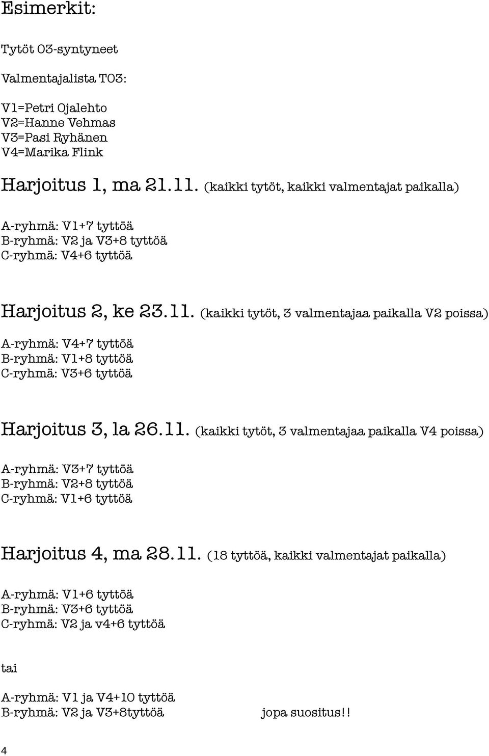 (kaikki tytöt, 3 valmentajaa paikalla V2 poissa) A-ryhmä: V4+7 tyttöä B-ryhmä: V1+8 tyttöä C-ryhmä: V3+6 tyttöä Harjoitus 3, la 26.11.