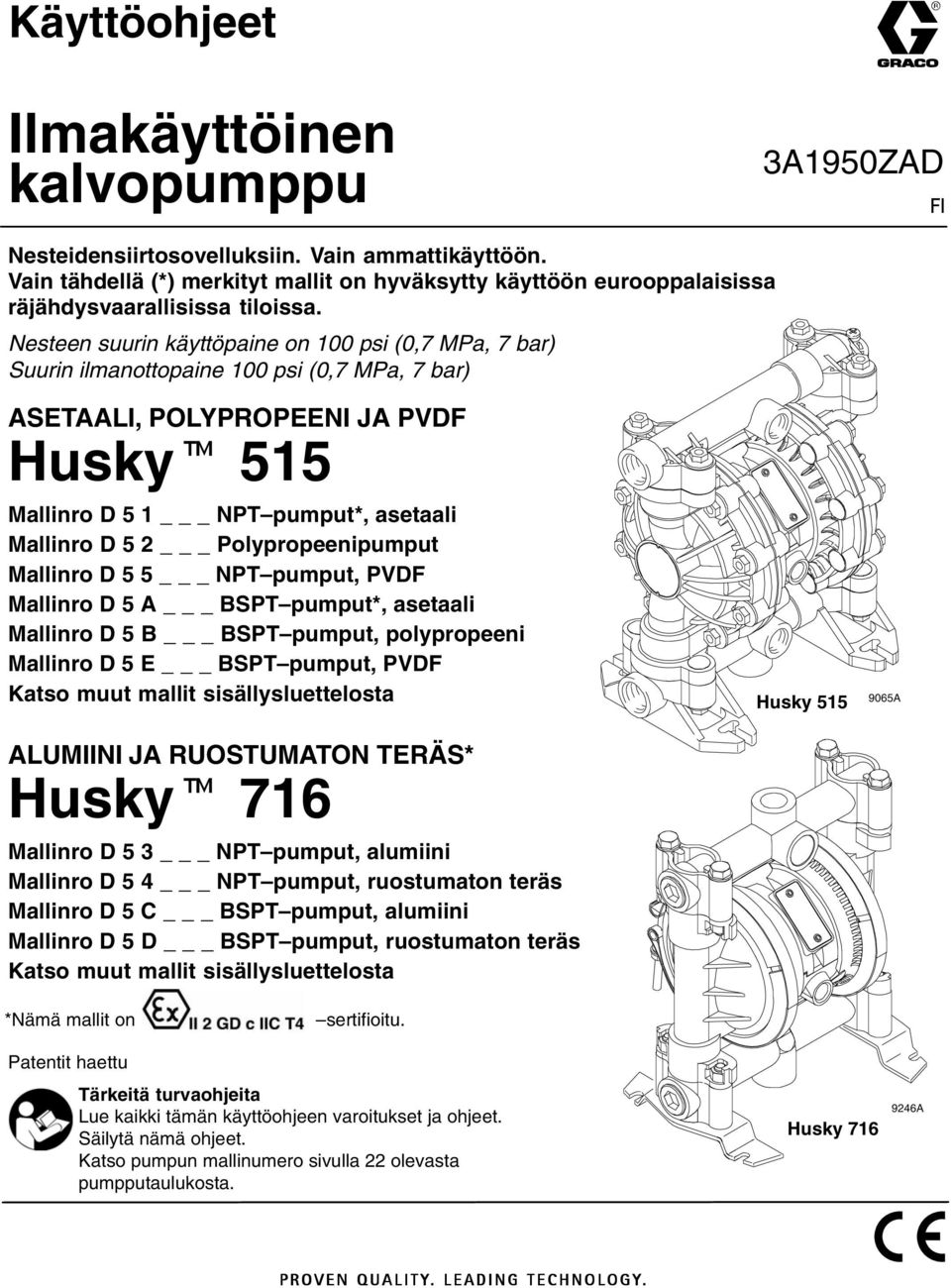 Nesteen suurin käyttöpaine on 00 psi (0,7 MPa, 7 bar) Suurin ilmanottopaine 00 psi (0,7 MPa, 7 bar) ASETAALI, POLYPROPEENI JA PVDF Husky 55 Mallinro D 5 _ NPT pumput*, asetaali Mallinro D 5 _