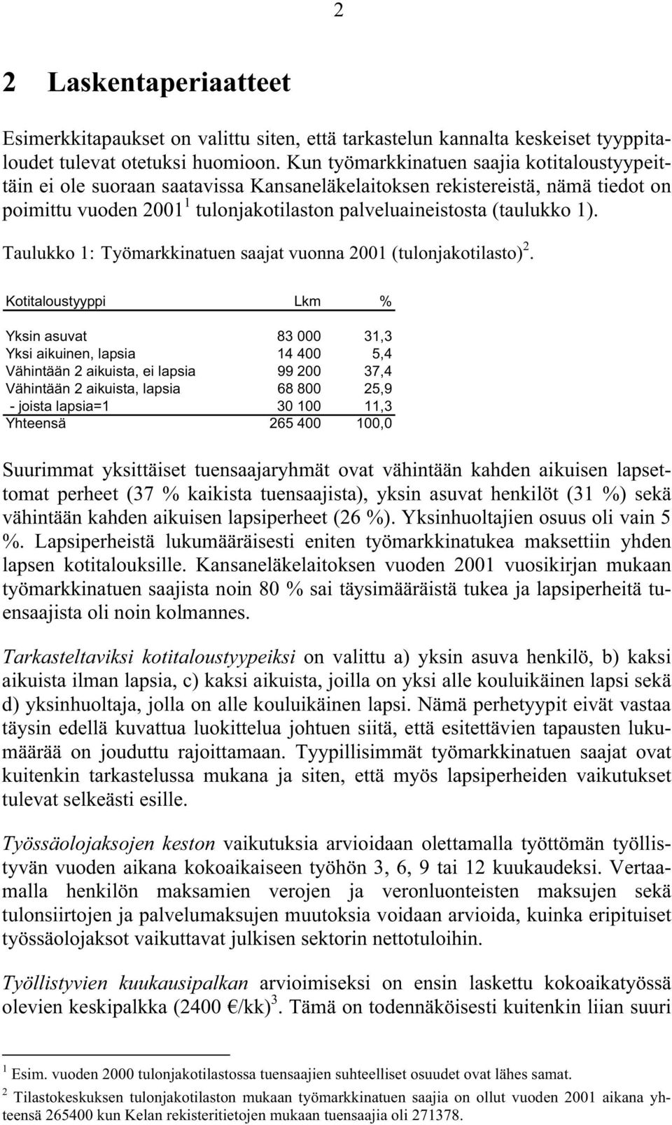 Taulukko 1: Työmarkkinatuen saajat vuonna 2001 (tulonjakotilasto) 2.