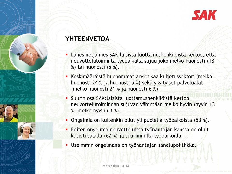 Suurin osa SAK:laisista luottamushenkilöistä kertoo neuvottelutoiminnan sujuvan vähintään melko hyvin (hyvin 13 %, melko hyvin 63 %).