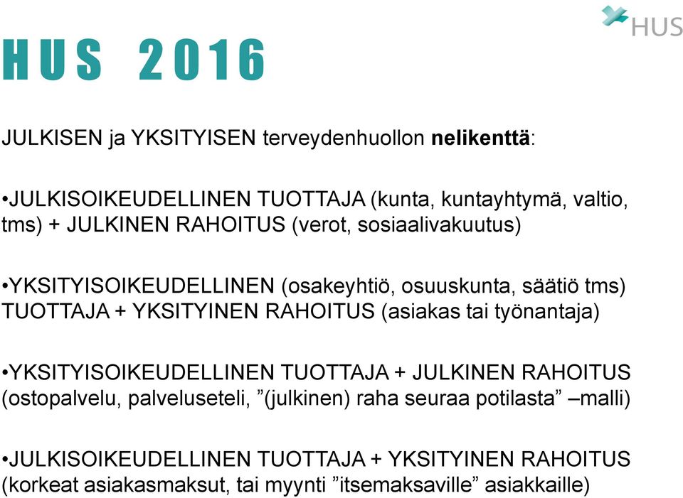 (asiakas tai työnantaja) YKSITYISOIKEUDELLINEN TUOTTAJA + JULKINEN RAHOITUS (ostopalvelu, palveluseteli, (julkinen) raha seuraa