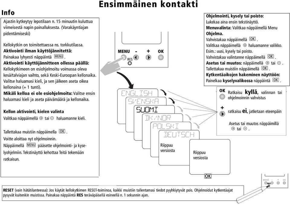 Aktivointi käyttöjännitteen ollessa päällä: Kellokytkimeen on esiohjelmoitu voimassa oleva kesä/talviajan vaihto, sekä Keski-Euroopan kellonaika.