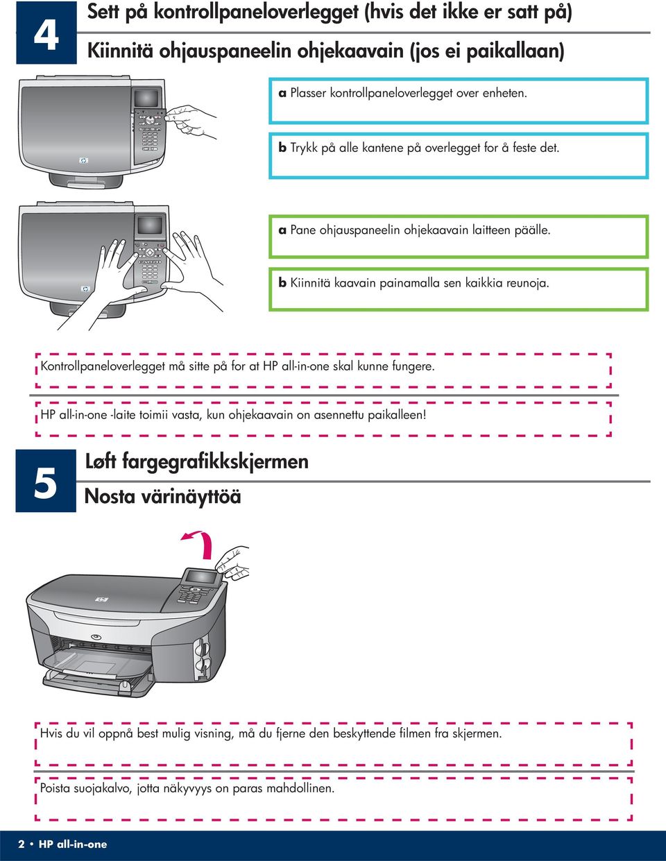 Kontrollpaneloverlegget må sitte på for at HP all-in-one skal kunne fungere. HP all-in-one -laite toimii vasta, kun ohjekaavain on asennettu paikalleen!