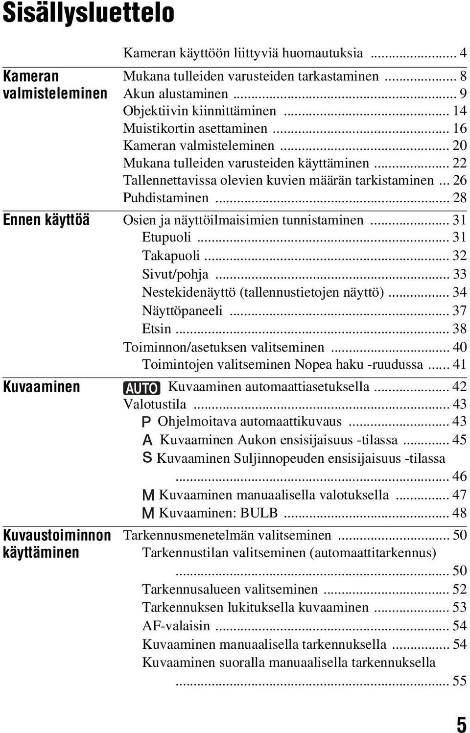 .. 28 Ennen käyttöä Osien ja näyttöilmaisimien tunnistaminen... 31 Etupuoli... 31 Takapuoli... 32 Sivut/pohja... 33 Nestekidenäyttö (tallennustietojen näyttö)... 34 Näyttöpaneeli... 37 Etsin.