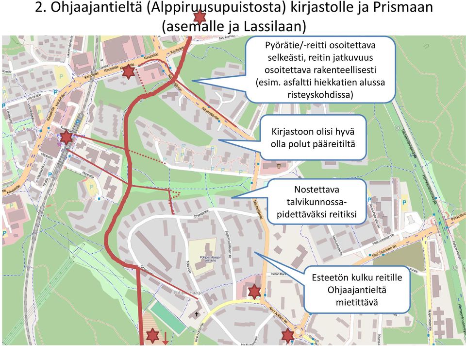 asfaltti hiekkatien alussa risteyskohdissa) Kirjastoon olisi hyvä olla polut pääreitiltä