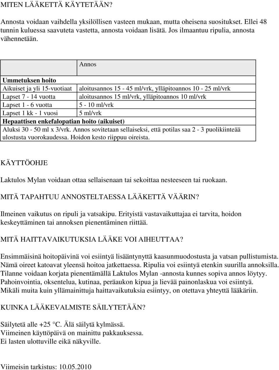 Annos Ummetuksen hoito Aikuiset ja yli 15-vuotiaat aloitusannos 15-45 ml/vrk, ylläpitoannos 10-25 ml/vrk Lapset 7-14 vuotta aloitusannos 15 ml/vrk, ylläpitoannos 10 ml/vrk Lapset 1-6 vuotta 5-10