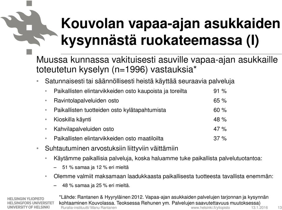 Kahvilapalveluiden osto 47 % Paikallisten elintarvikkeiden osto maatiloilta 37 % Suhtautuminen arvostuksiin liittyviin väittämiin Käytämme paikallisia palveluja, koska haluamme tuke paikallista