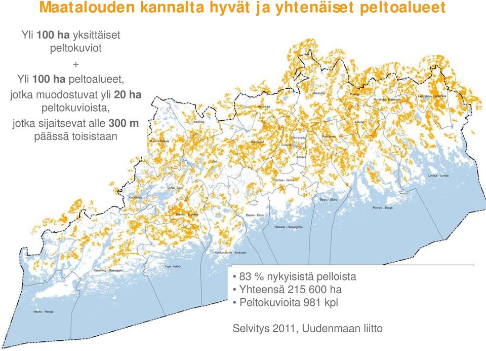 ha peltokuvioista, jotka sijaitsevat alle 300 m päässä toisistaan 83 %