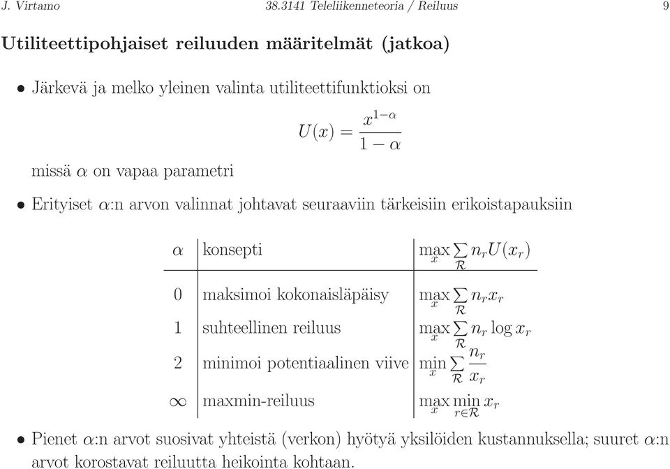 α on vapaa parametri U(x) = x1 α 1 α Erityiset α:n arvon valinnat johtavat seuraaviin tärkeisiin erikoistapauksiin α konsepti max x 0 maksimoi