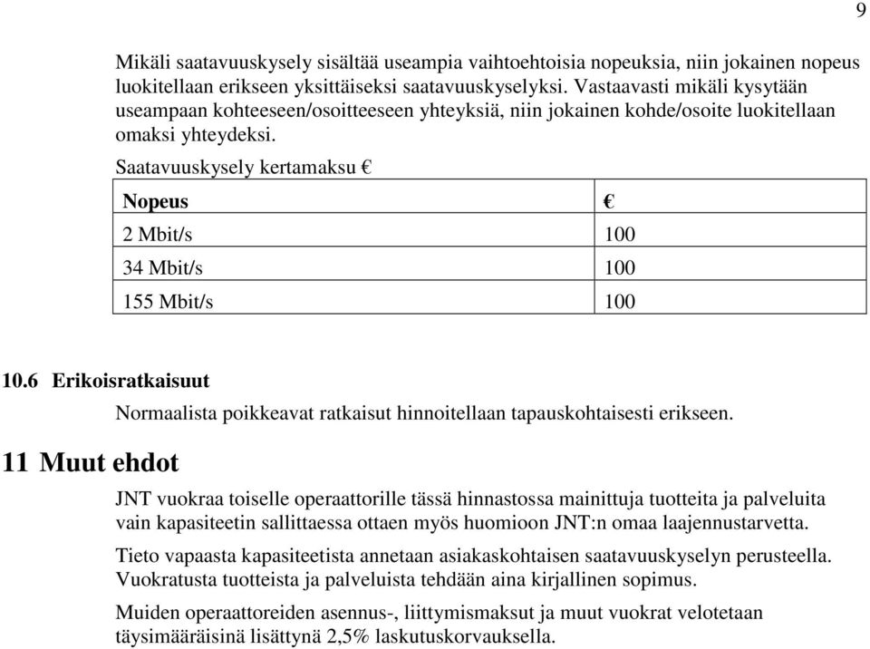 Saatavuuskysely kertamaksu Nopeus 2 Mbit/s 100 34 Mbit/s 100 155 Mbit/s 100 9 10.6 Erikoisratkaisuut 11 Muut ehdot Normaalista poikkeavat ratkaisut hinnoitellaan tapauskohtaisesti erikseen.