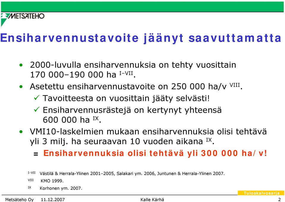 Ensiharvennusrästejä on kertynyt yhteensä 6 ha IX. VMI1-laskelmien mukaan ensiharvennuksia olisi tehtävä yli 3 milj.