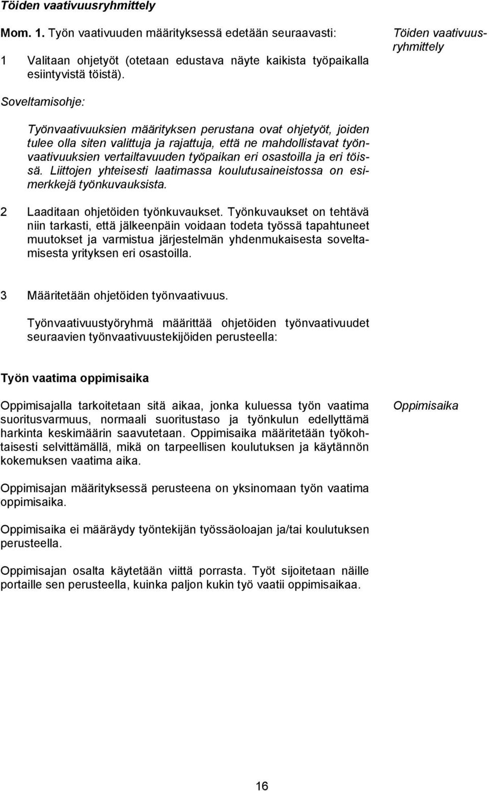 vertailtavuuden työpaikan eri osastoilla ja eri töissä. Liittojen yhteisesti laatimassa koulutusaineistossa on esimerkkejä työnkuvauksista. 2 Laaditaan ohjetöiden työnkuvaukset.