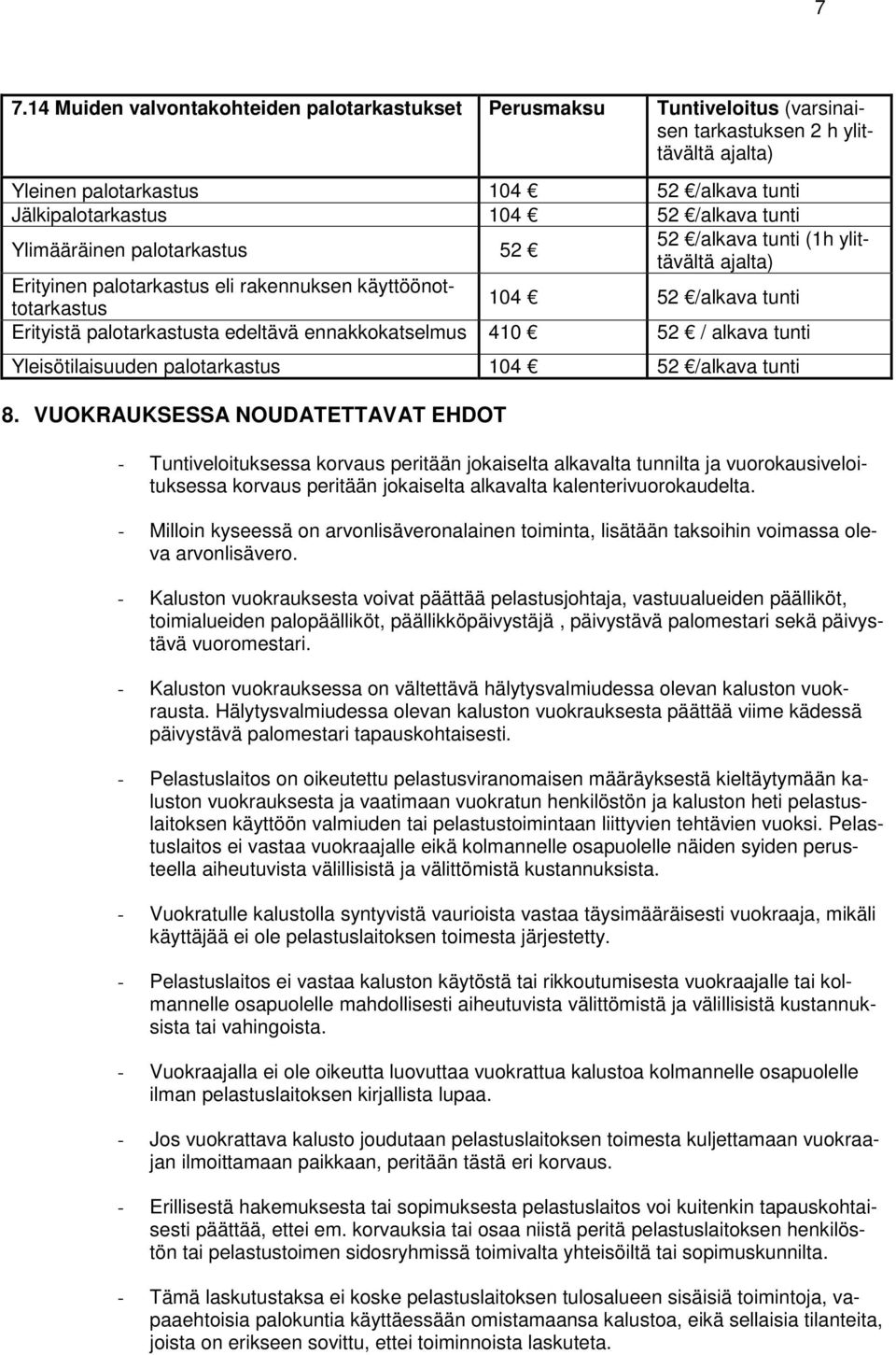 edeltävä ennakkokatselmus 410 52 / alkava tunti Yleisötilaisuuden palotarkastus 104 52 /alkava tunti 8.