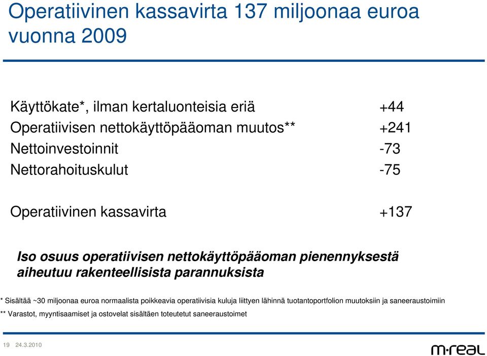 pienennyksestä aiheutuu rakenteellisista parannuksista * Sisältää ~30 miljoonaa euroa normaalista poikkeavia operatiivisia kuluja