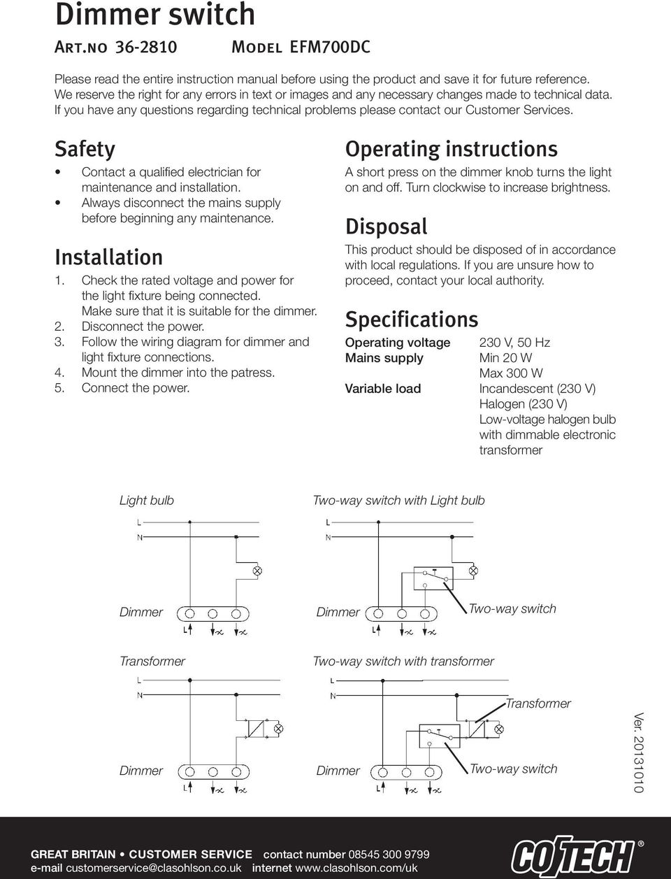 Safety Contact a qualified electrician for maintenance and installation. Always disconnect the mains supply before beginning any maintenance. Installation 1.