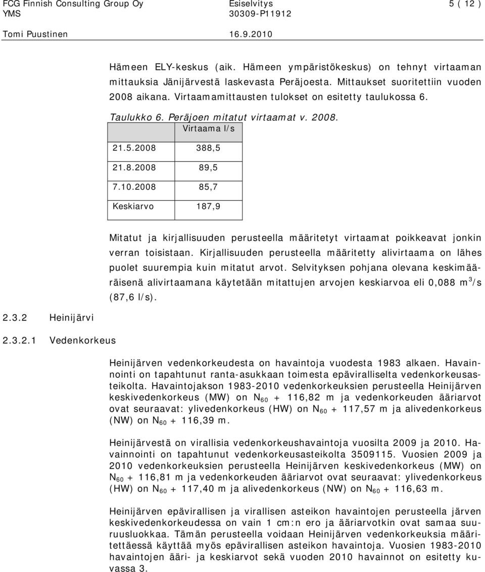 2008 85,7 Keskiarvo 187,9 2.3.2 Heinijärvi 2.3.2.1 Vedenkorkeus Mitatut ja kirjallisuuden perusteella määritetyt virtaamat poikkeavat jonkin verran toisistaan.