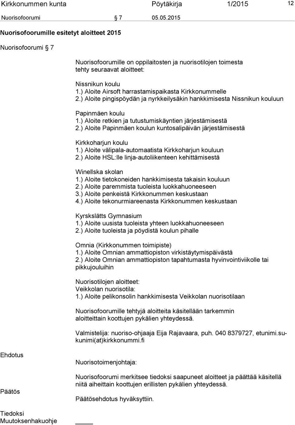 ) Aloite Airsoft harrastamispaikasta Kirkkonummelle 2.) Aloite pingispöydän ja nyrkkeilysäkin hankkimisesta Nissnikun kouluun Papinmäen koulu 1.