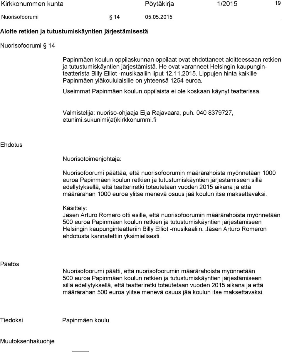 He ovat varanneet Helsingin kaupunginteatterista Billy Elliot -musikaaliin liput 12.11.2015. Lippujen hinta kaikille Papinmäen yläkoululaisille on yhteensä 1254 euroa.